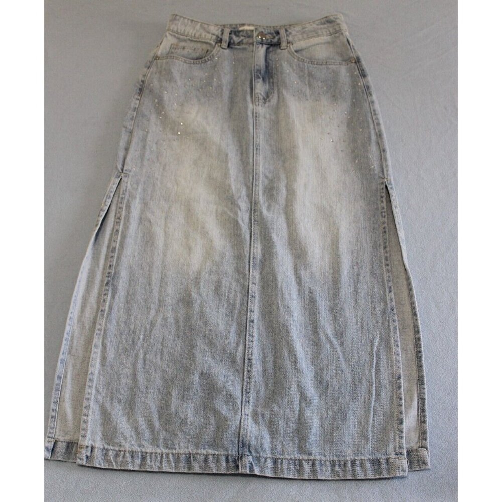 Rebecca Minkoff Rhinestone High Side Slit Midi Denim Skirt Cotton 2
